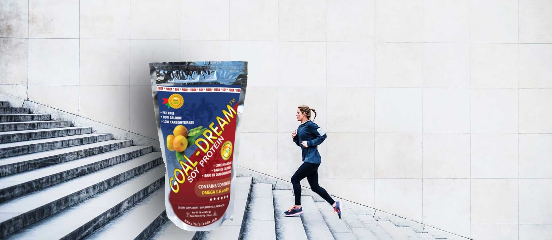 Goal-Dream product pouch next to a woman running on outdoor stairs